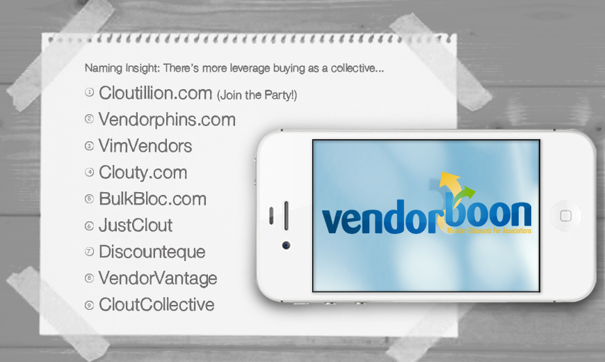 A notepad lists potential website names, with a smartphone displaying the Vendorboon logo and tagline "Better Rewards for Associations" placed on the pad.