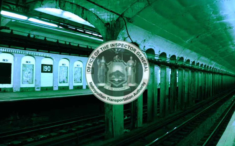 An empty subway platform at the 190th Street station, with the Metropolitan Transportation Authority Inspector General seal superimposed in the center.