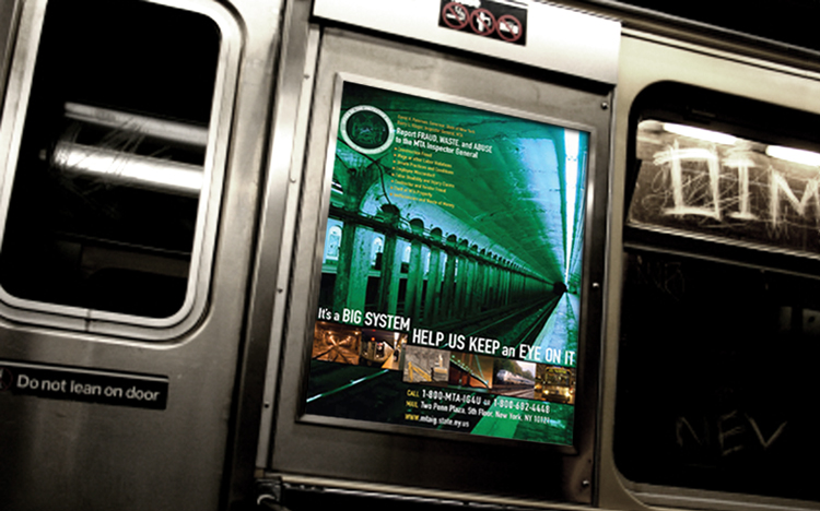 Subway car interior with a public service poster on the wall showing a surveillance camera and message about public vigilance; nearby door reads "Do not lean on door.