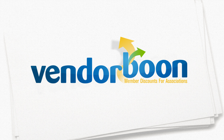 The image shows the "vendorboon" logo with yellow and green arrows above the text and the tagline "Member Discounts For Associations.