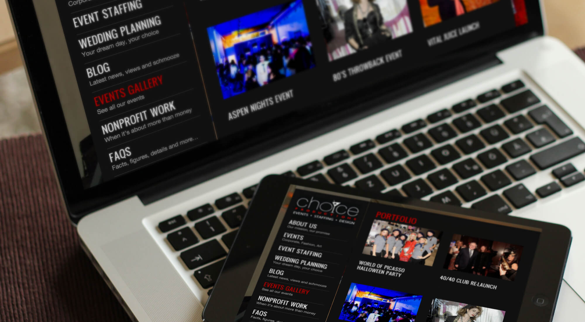 A laptop and a tablet both display a website with options for event staffing, wedding planning, a blog, event galleries, nonprofit work, FAQs, and portfolio images of events.