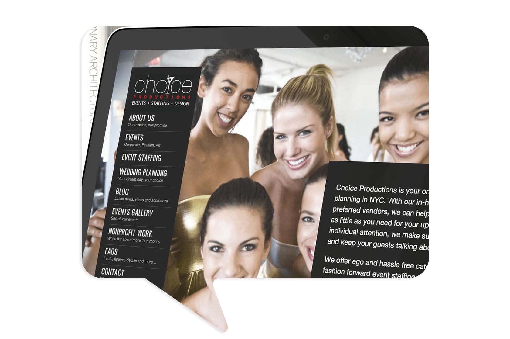 A group of five smiling women posing for a photo, displayed on a tablet screen showing the Choice Productions event planning website.