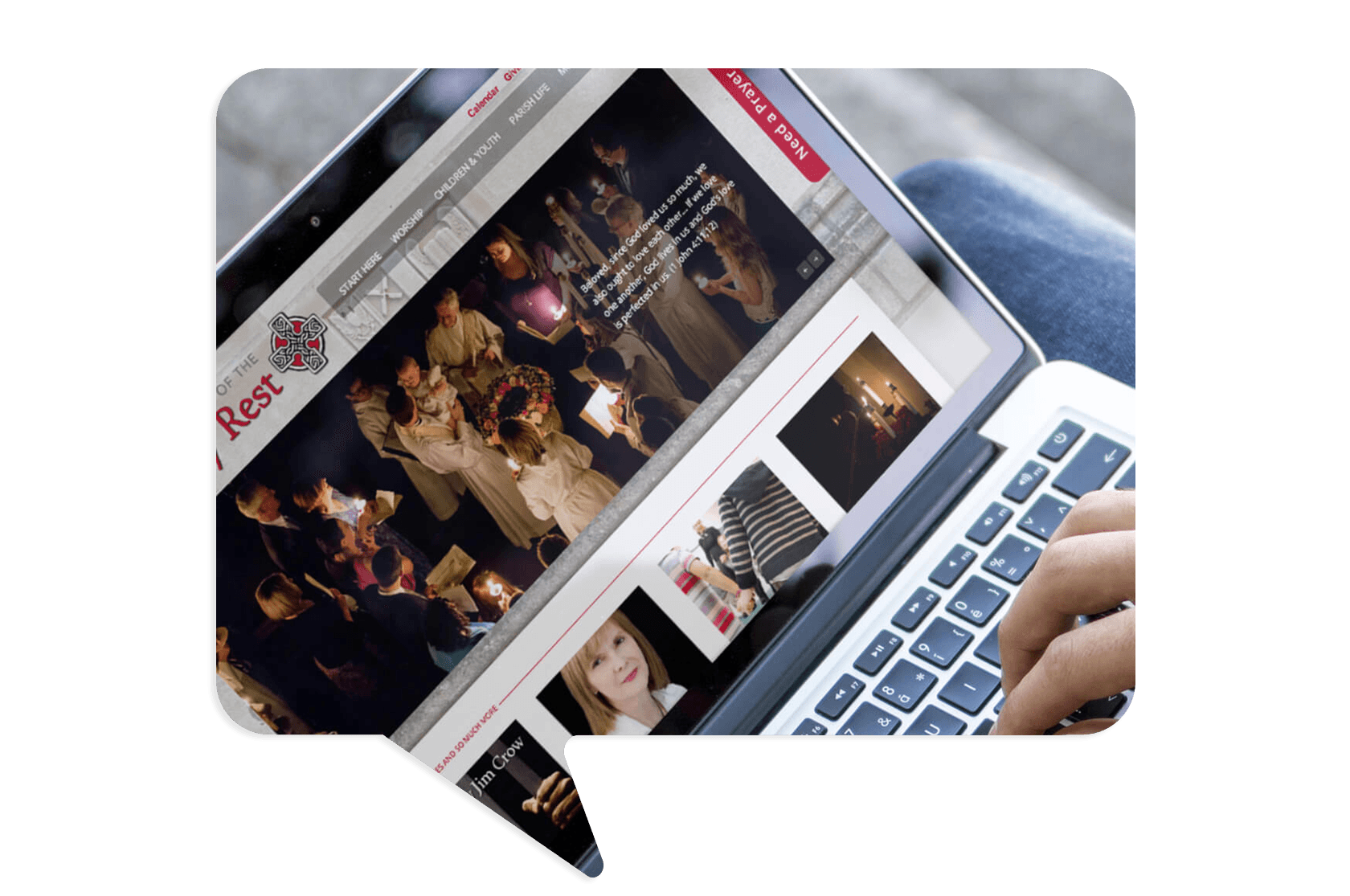 A person uses a laptop to view a website featuring images of people in white robes at a ceremony and various smaller photos in a grid layout.