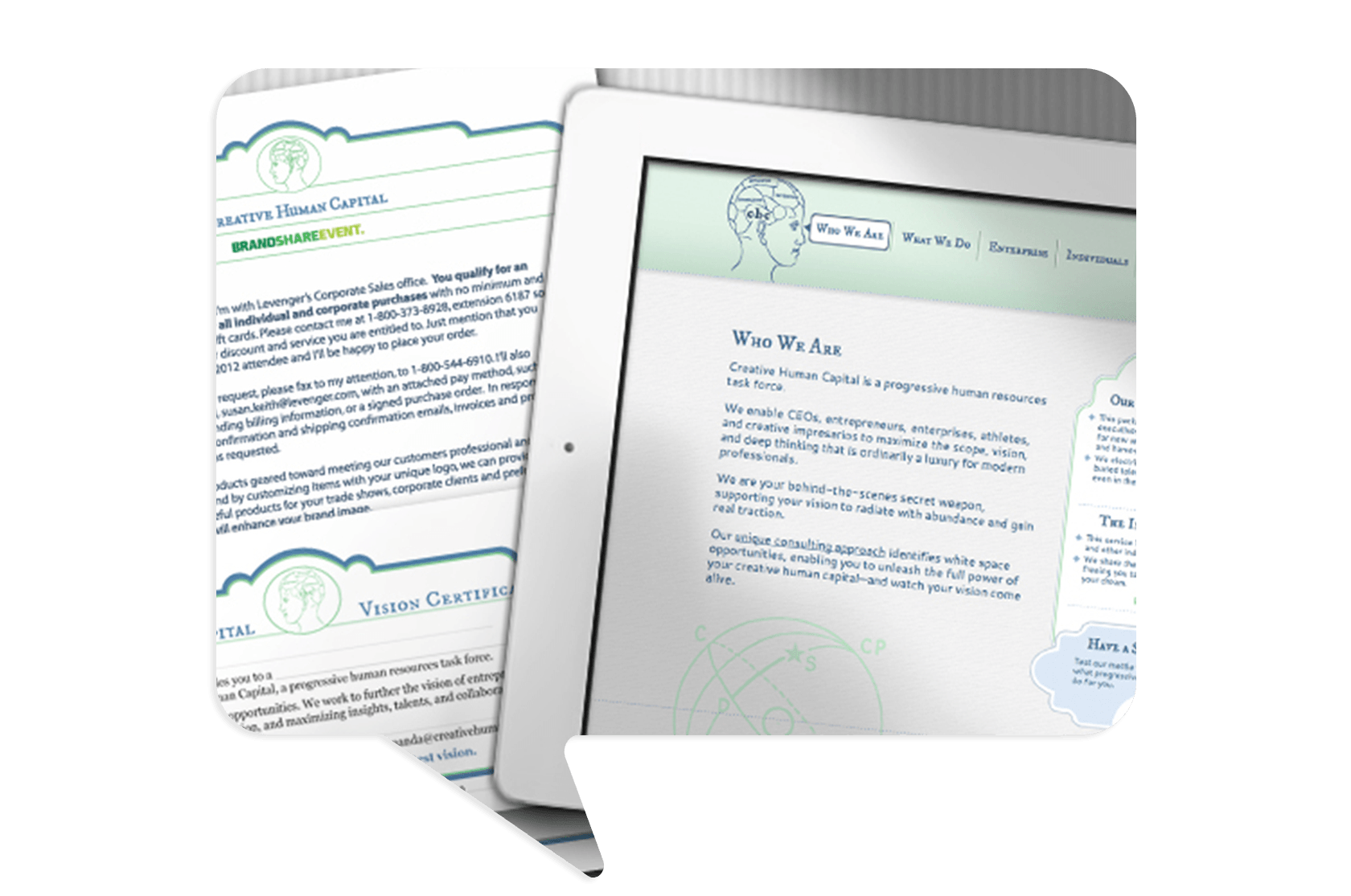 Two documents are displayed, one printed and one on a tablet screen, both showing information about a human resources consulting firm.