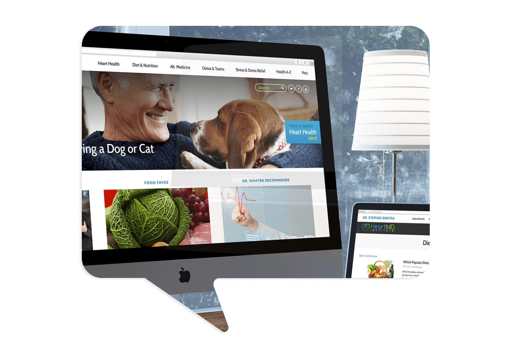 A computer monitor displays a website about pet health, showing an image of a man and a dog, nutritional articles, and medical recommendations.
