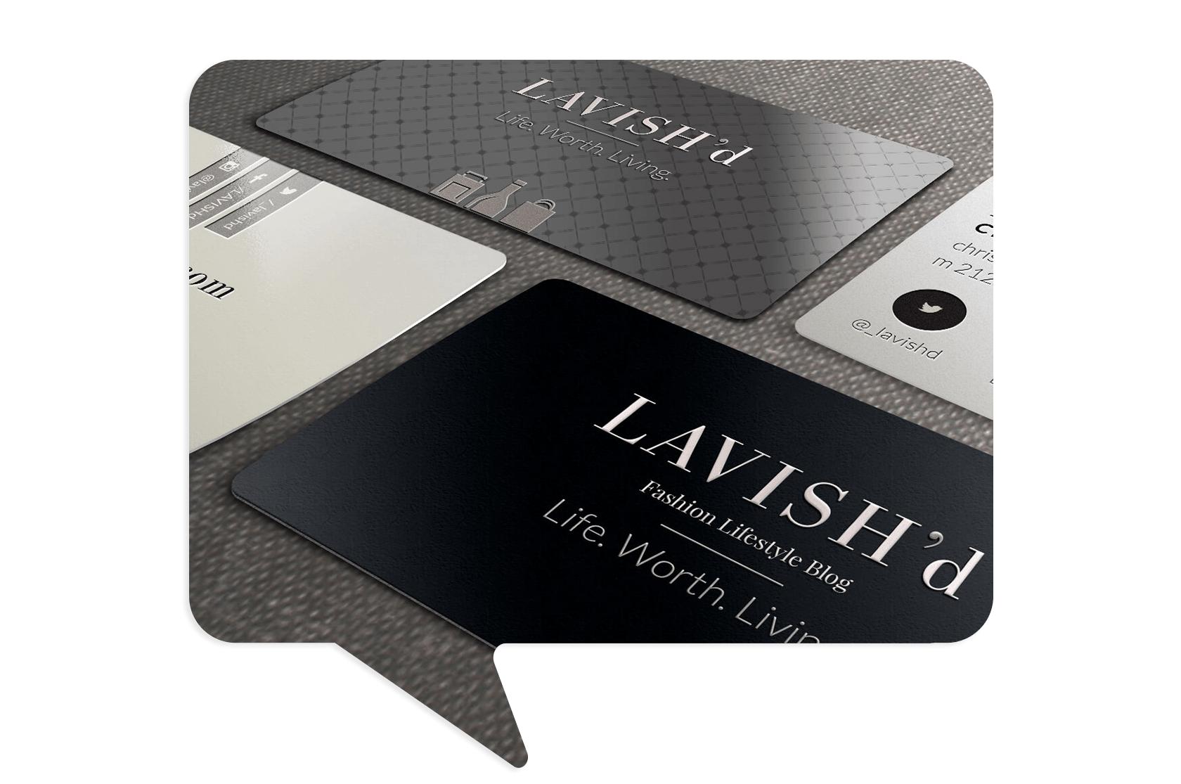 Four business cards with the text "LAVISH'd Fashion Lifestyle Blog" and contact details are arranged on a textured surface.