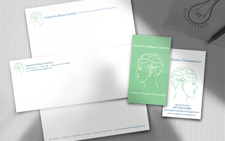 Stationery set including envelopes, letterhead, and business cards for Creative Human Capital, featuring a line art head illustration and company contact information.