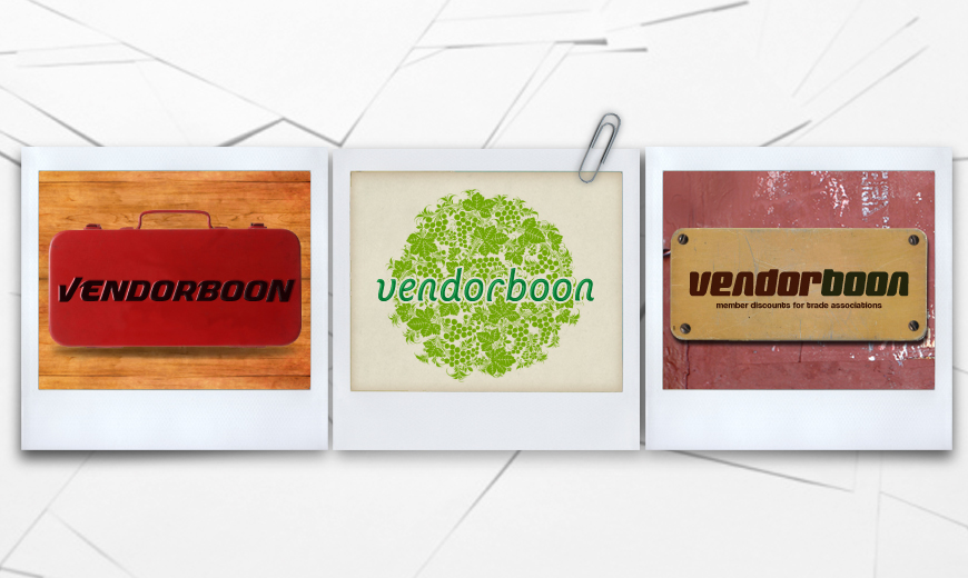 Three polaroid-style images display different "Vendorboon" logos: on a red briefcase, with green leaves, and on a gold plaque against a textured wall.