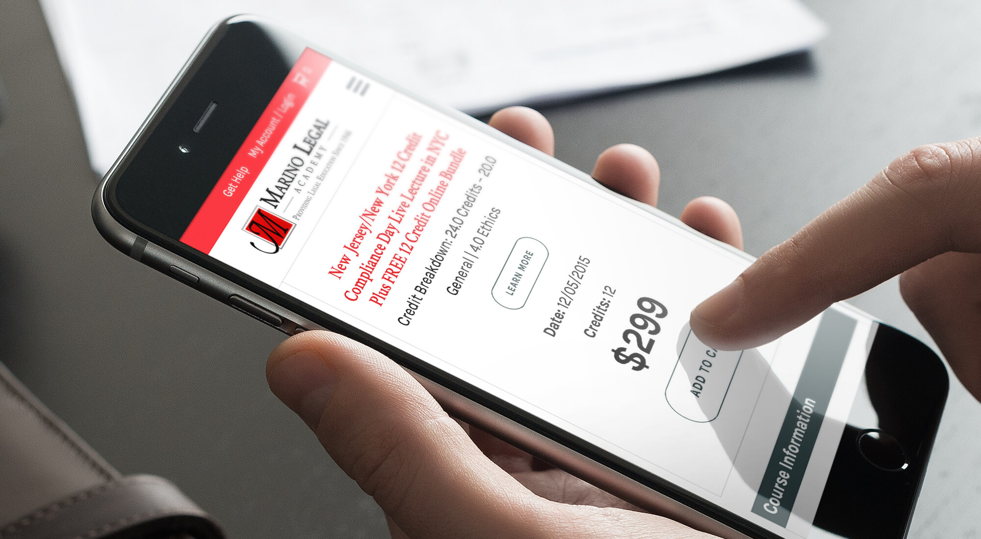 Person using a smartphone to view a legal online course listing for $29.99 on the Marino Legal website, with course details and an "Add to Cart" button visible.