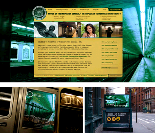 Three images show an MTA Inspector General subway poster campaign: online, in a subway car, and at a street-level station entrance.