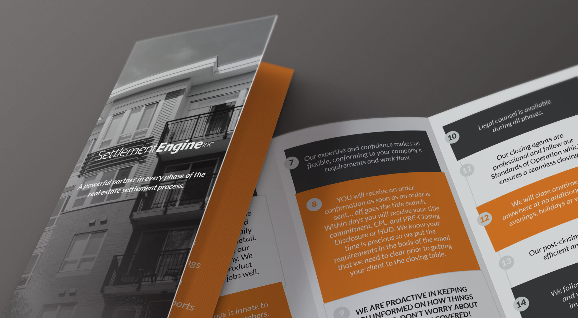 A tri-fold brochure titled "SettlementEngine" is displayed, partially opened to reveal text and icons about real estate closing services, with a modern building image on the cover.