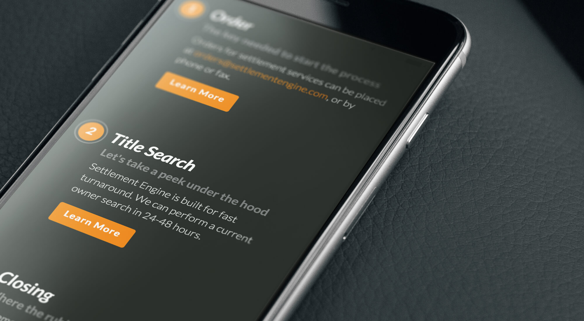 A smartphone screen displays a website section titled "Title Search" with descriptive text and an orange "Learn More" button on a dark background.