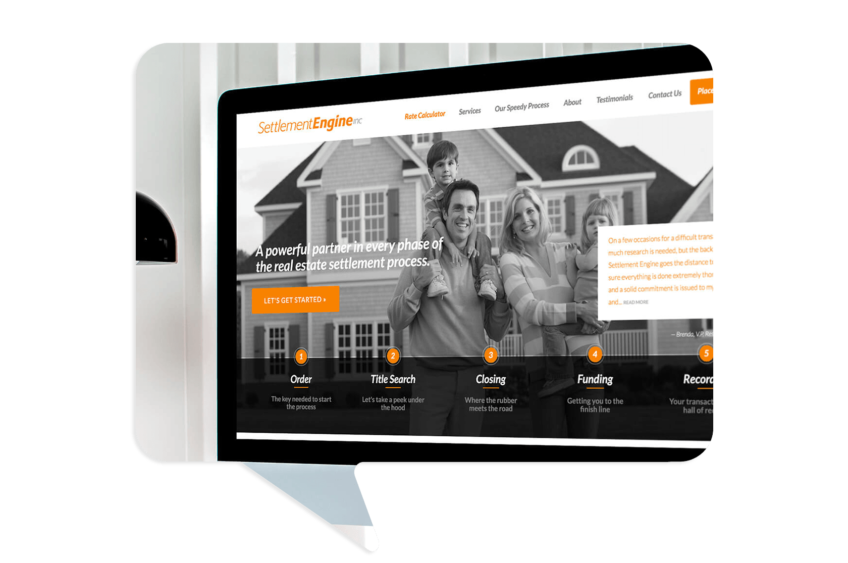 Computer screen displaying the SettlementEngine website homepage, featuring a smiling family in front of a house and navigation options for real estate settlement services.
