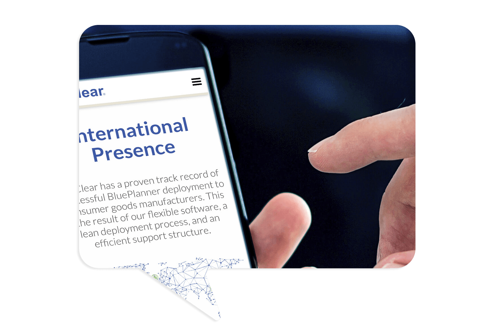 A person holds a smartphone displaying a website with the heading "International Presence" and text about BluePlanner deployment.