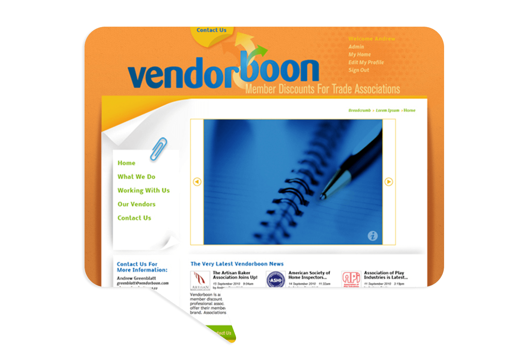 Screenshot of the Vendorboon website homepage featuring navigation links, a spiral notebook image, and news updates for trade associations.