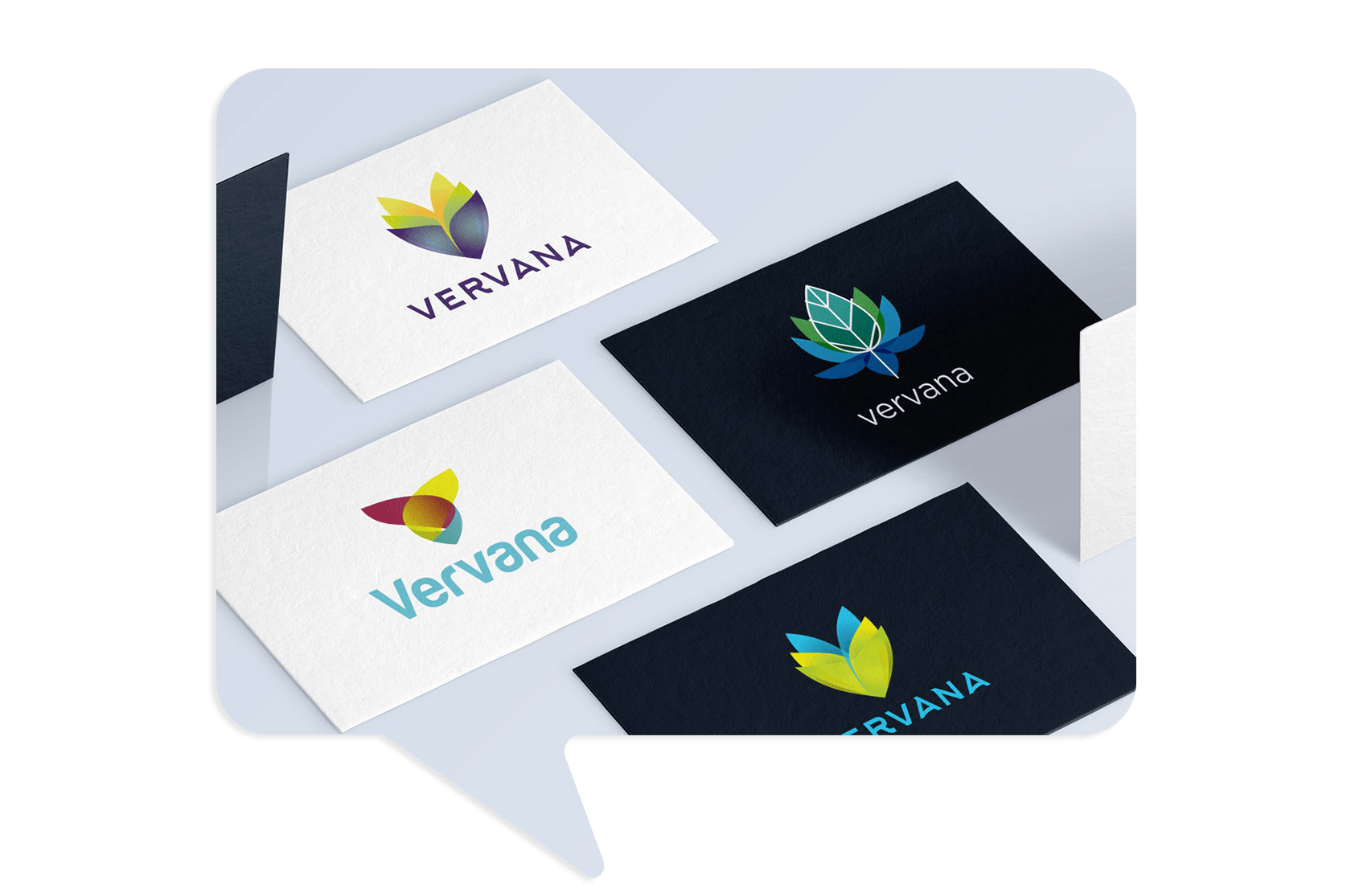 Six business cards with various colorful “Vervana” logos, each featuring abstract leaf or petal designs on white, black, and blue backgrounds.