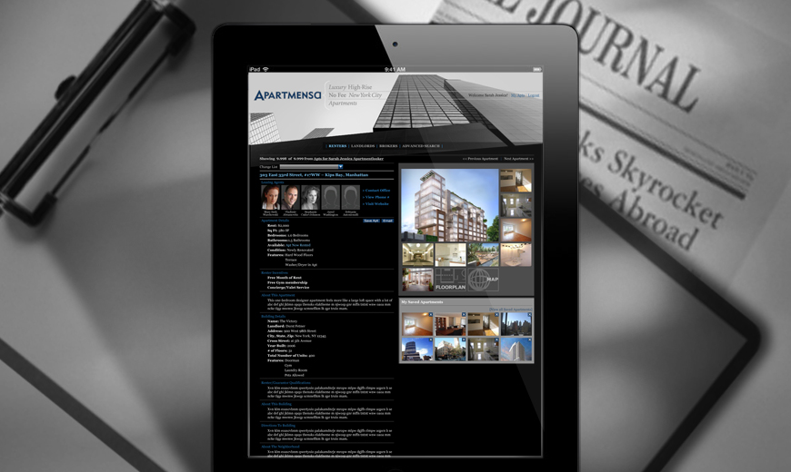 A tablet displays a real estate website featuring apartment listings with photos, floor plans, and agent profiles; a pen and a folded newspaper are in the background.