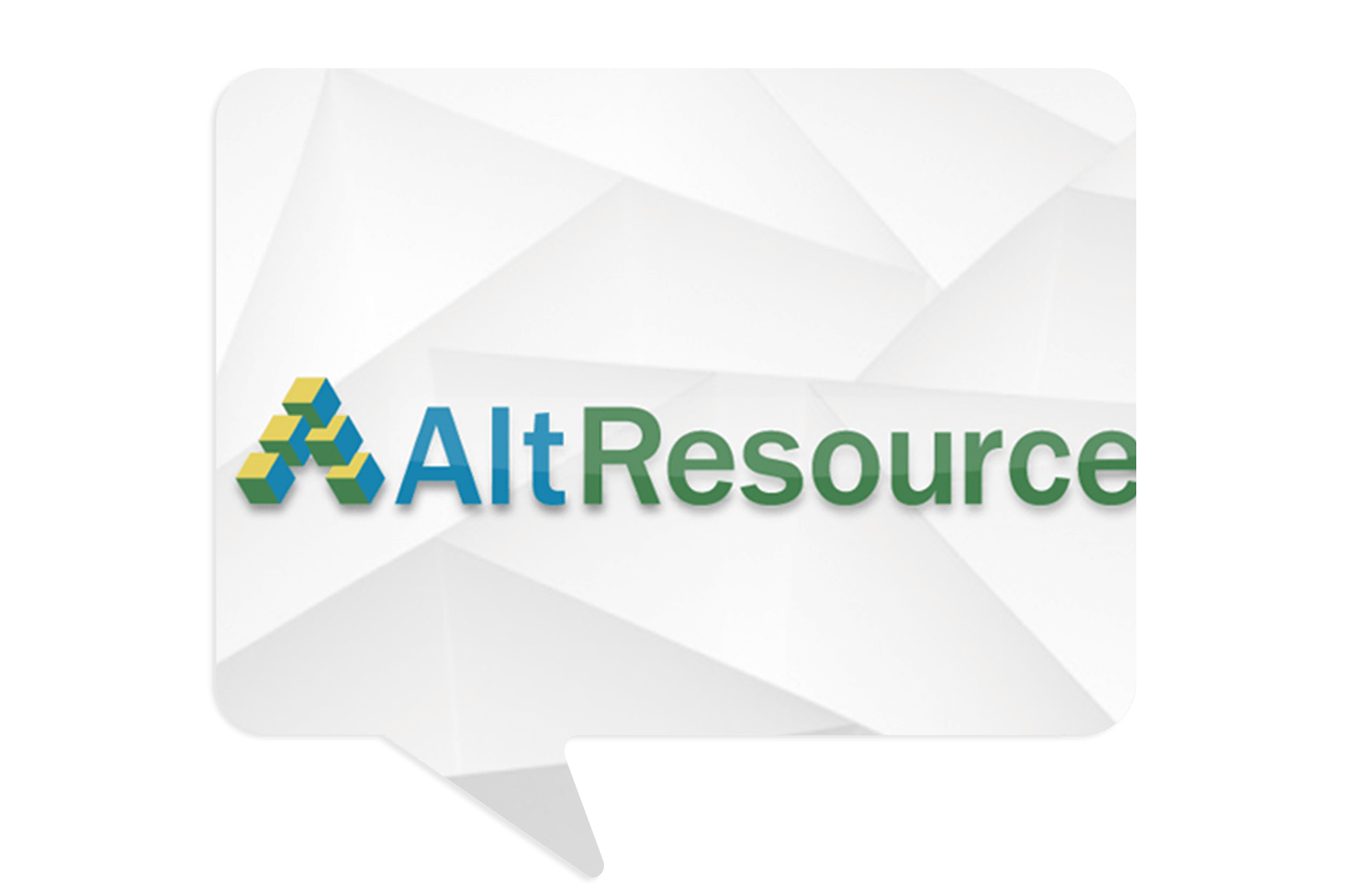 Logo for "AltResource" featuring geometric shapes and green and blue text, displayed on a white, origami-style background within a speech bubble.