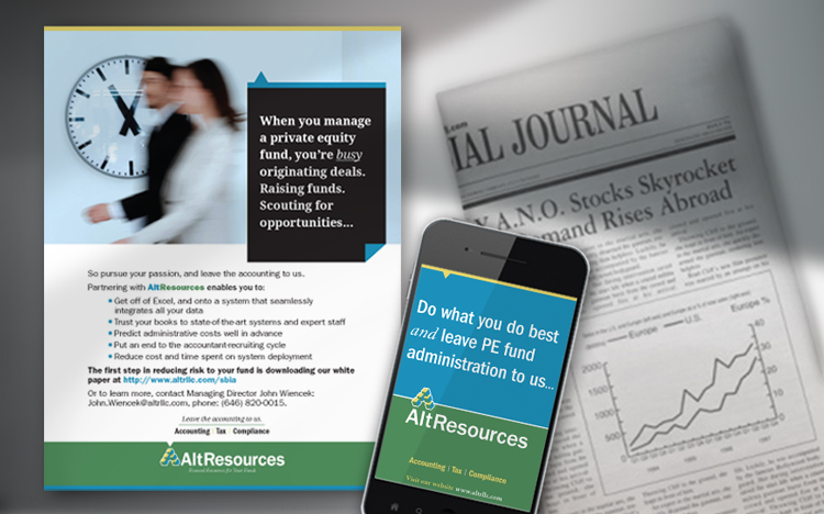An advertisement for AltResources shows blurred businesspeople, a clock, a phone displaying a slogan, and a newspaper, promoting private equity fund administration services.
