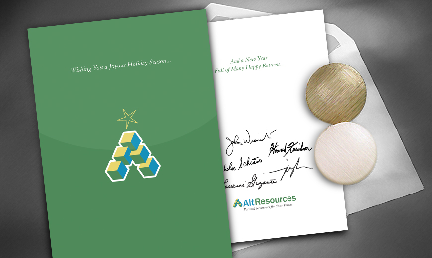 A holiday greeting card with a geometric tree design on the front and signatures with a printed message and company logo inside, shown next to an envelope and two round ornaments.