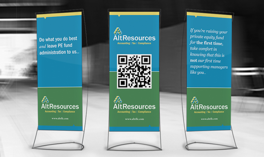 Three AltResources standing banners with blue and green colors, company logo, QR code, and text promoting private equity fund administration services.