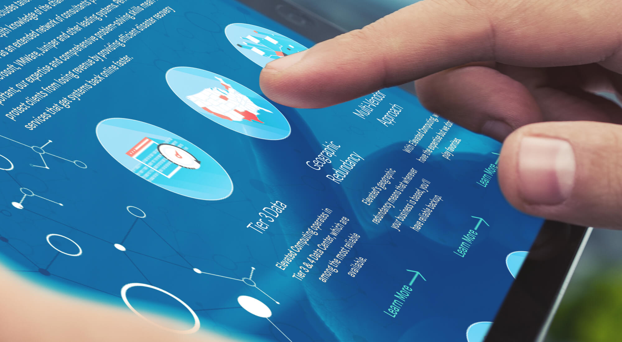 A person’s finger interacts with a touchscreen displaying a data infographic about tier 3 data and geographic redundancy, featuring maps and concise text in blue tones.
