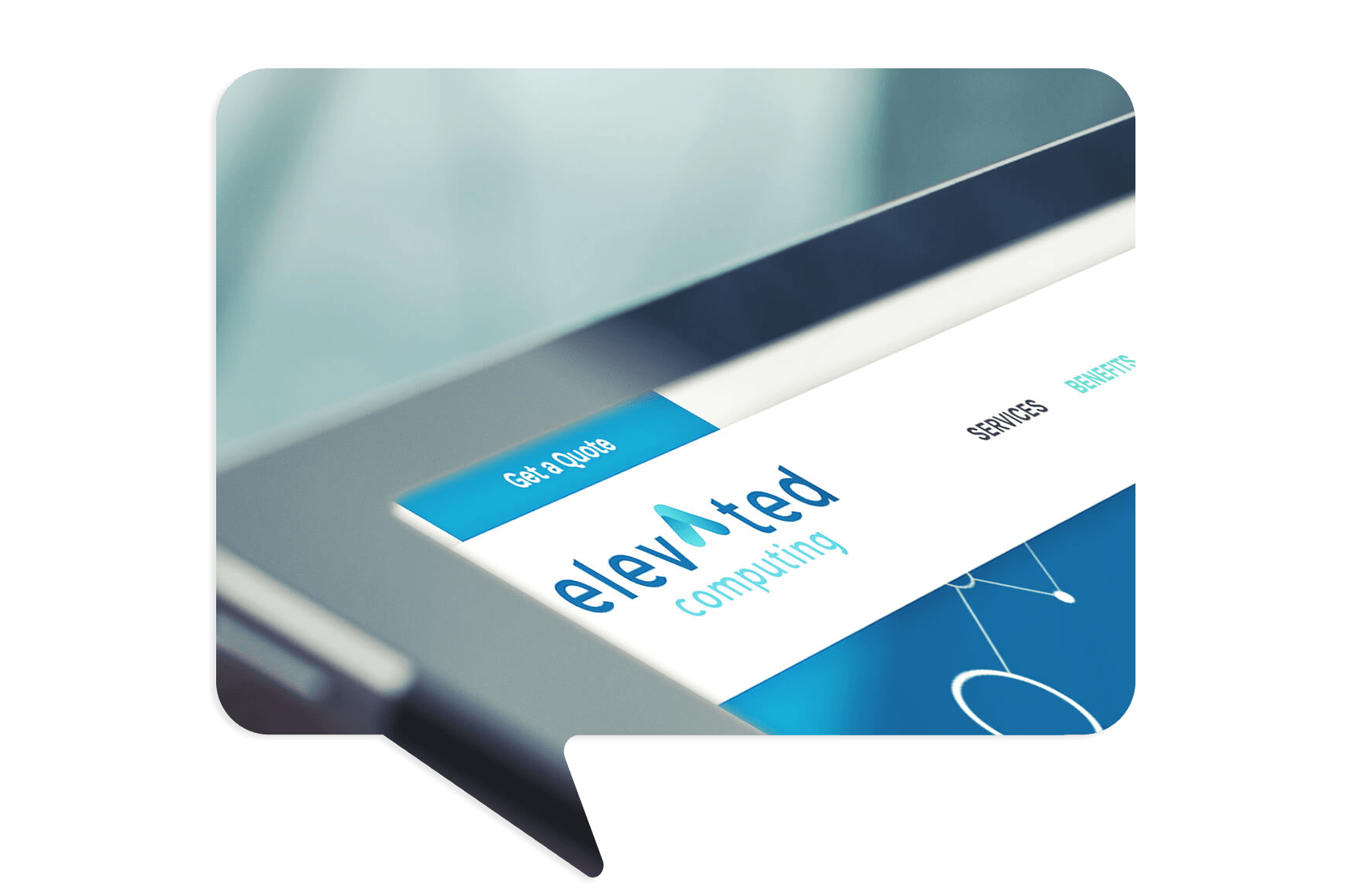 Close-up of a tablet screen displaying a website for "elevated computing," with a menu showing options for services and benefits.