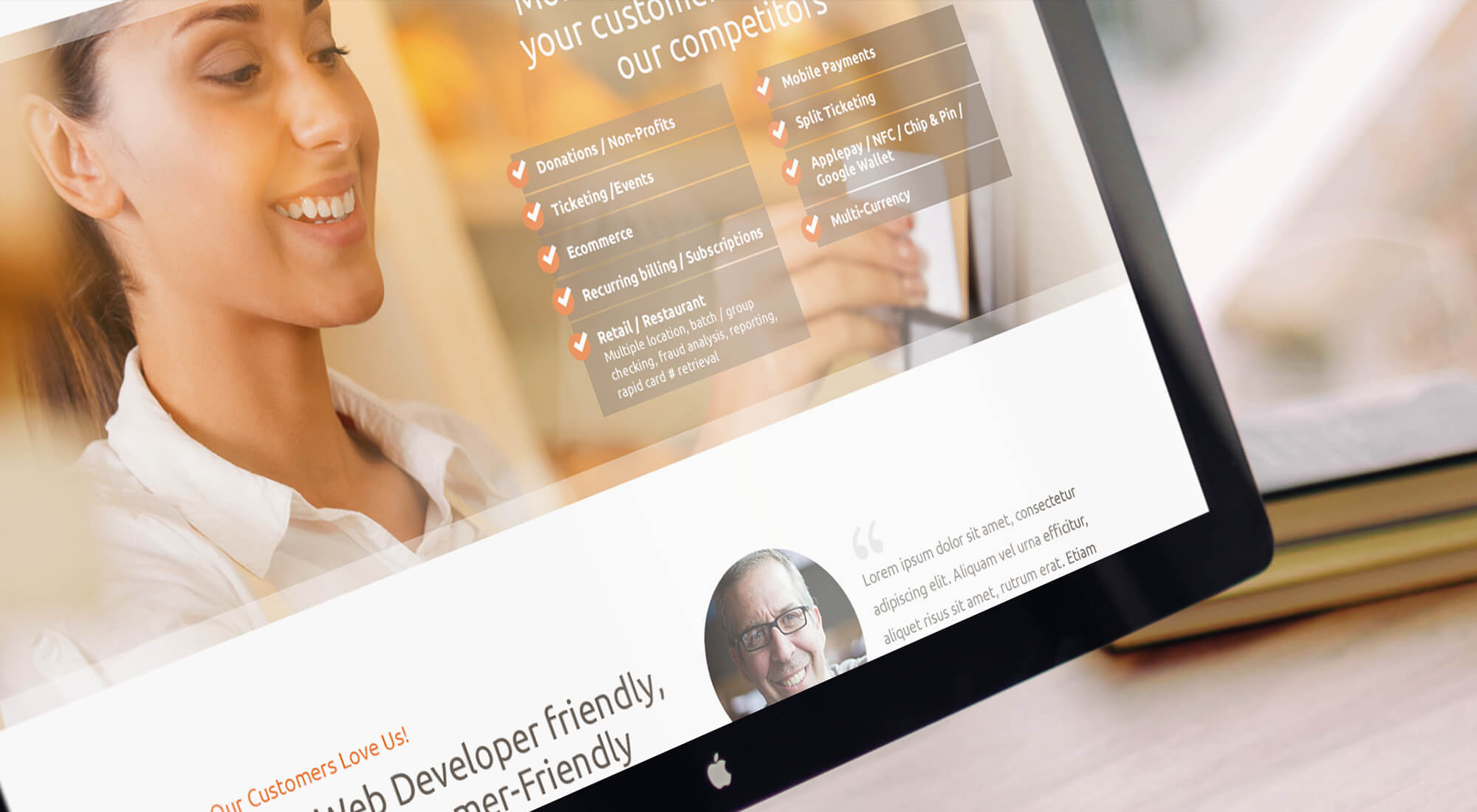 A computer screen displays a website with a smiling woman, a checklist of features, and a customer testimonial at the bottom.