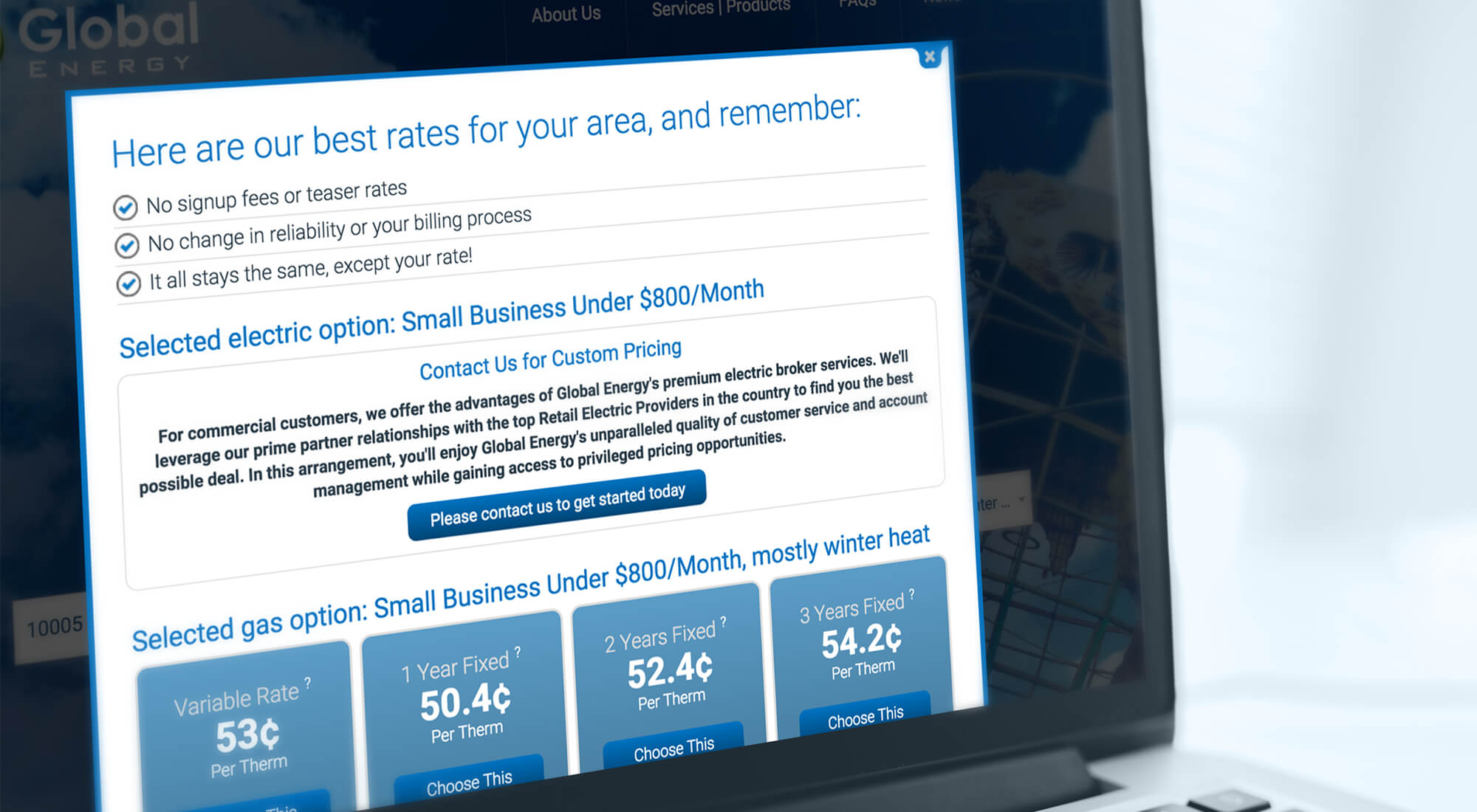 A computer screen displays a Global Energy webpage showing electric and gas rate options for small businesses, including pricing per therm and features like no signup fees.
