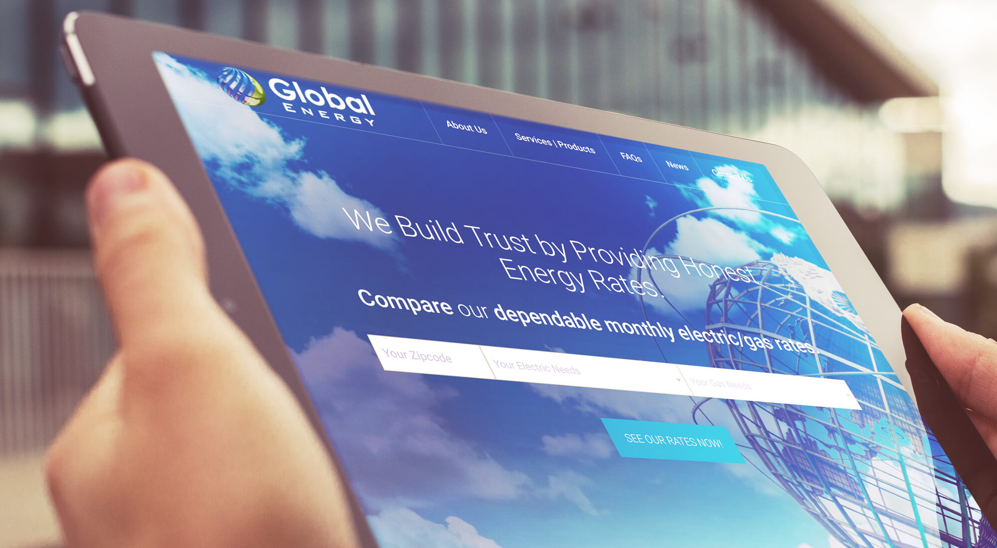 Global Energy homepage on iPad screen