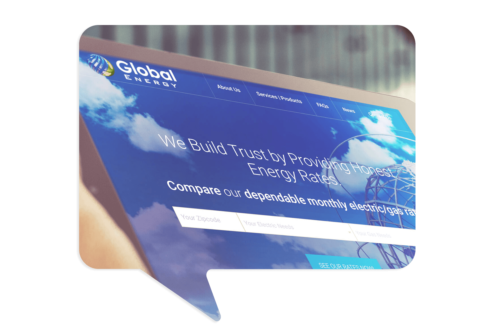 Computer screen displays the Global Energy website homepage featuring their slogan and a search tool for comparing monthly electric and gas rates.