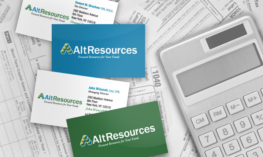 Business cards for "AltResources" are displayed over financial documents and a calculator.