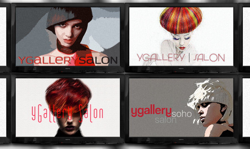 A grid of four screens displays stylized portraits of women with bold haircuts and the text "ygallery salon" or "ygallery salon soho.