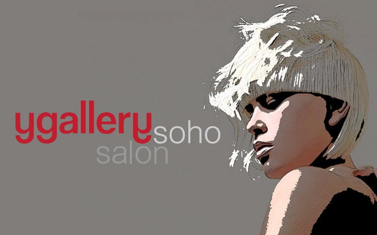 Stylized image of a person with short, platinum blonde hair next to the text "ygallery soho salon" on a gray background.