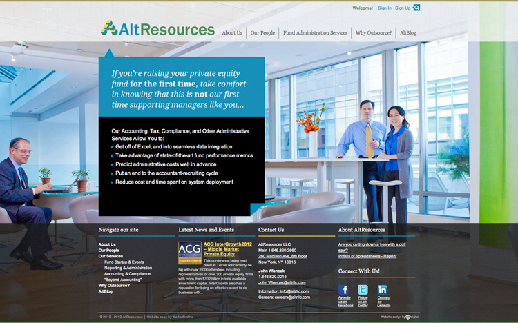 Two business professionals sit in a modern office with large windows; a blue text box highlights accounting and administration services offered by Alt Resources.