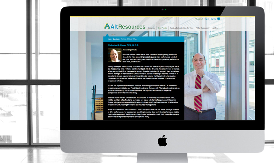 A computer screen displays the AltResources website, featuring a profile of Nicholas Schiano, CPA, with his photo and biography text in an office setting.