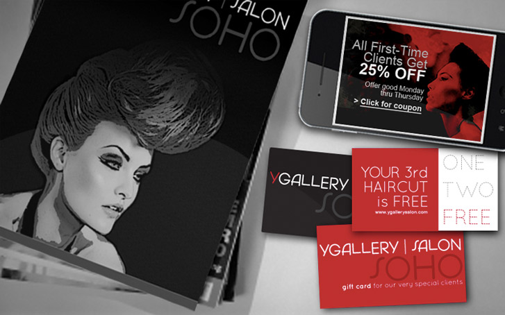 A collection of YGallery Salon promotional materials, including business cards, flyers, a gift card, and a smartphone displaying a 25% off coupon for first-time clients.
