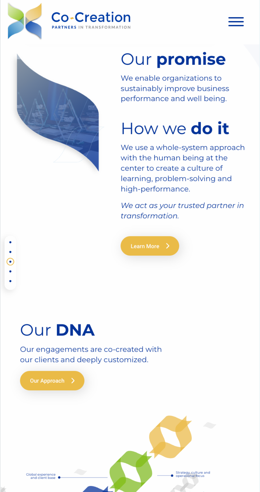 Screenshot of a website for "Co-Creation Partners in Transformation" featuring sections titled "Our promise," "How we do it," and "Our DNA," with descriptions and navigation buttons.