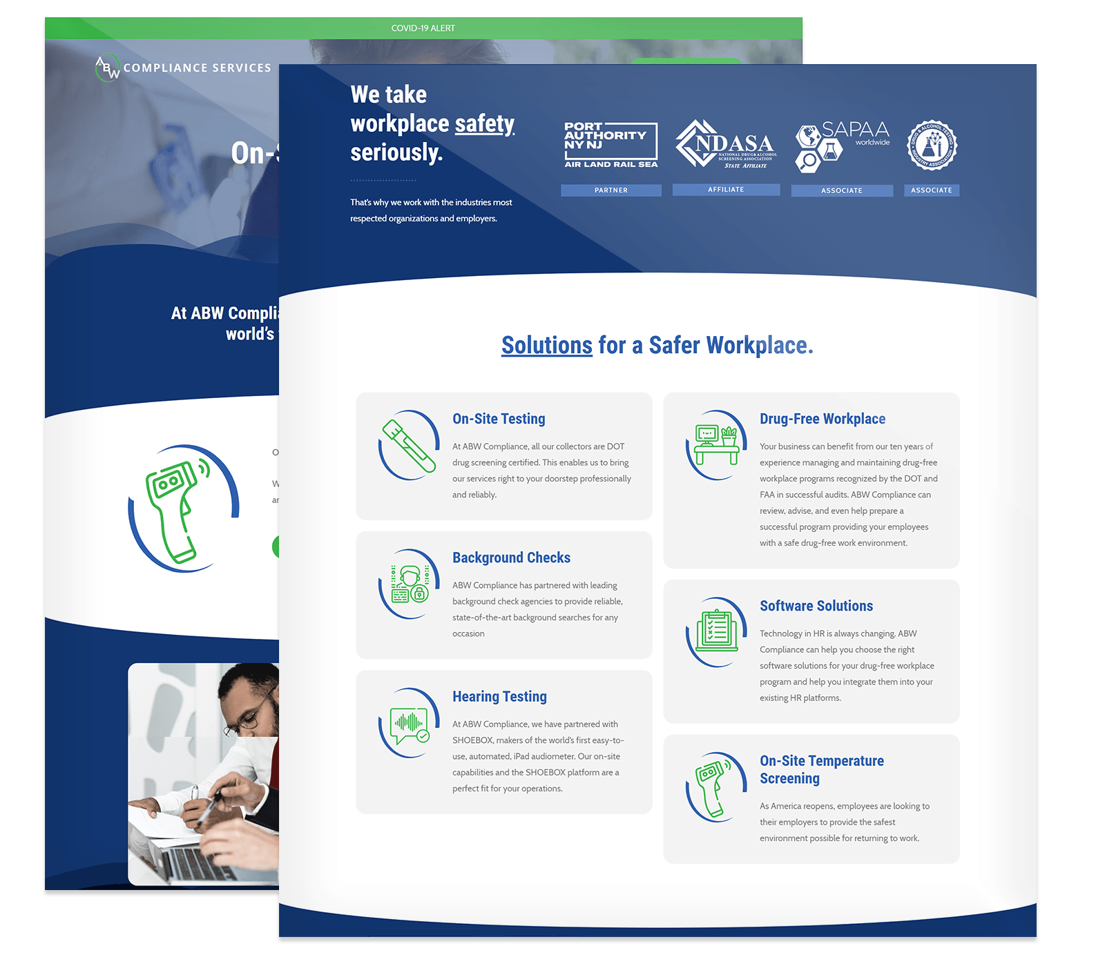 A workplace safety services webpage, enhanced by a recent website upgrade, displays sections on on-site testing, drug-free programs, background checks, software solutions, hearing testing, and temperature screening.