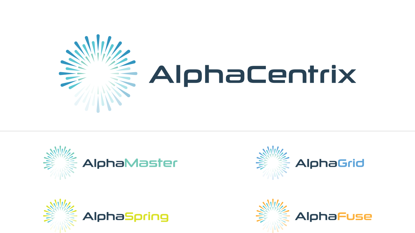 Logo set for AlphaCentrix and its sub-brands AlphaMaster, AlphaGrid, AlphaSpring, and AlphaFuse, each with a unique color and burst graphic above the brand name.