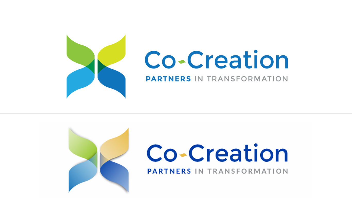 Two versions of a "Co-Creation Partners in Transformation" logo, each featuring a stylized X-shaped icon in green and blue gradients next to the company name in blue text.