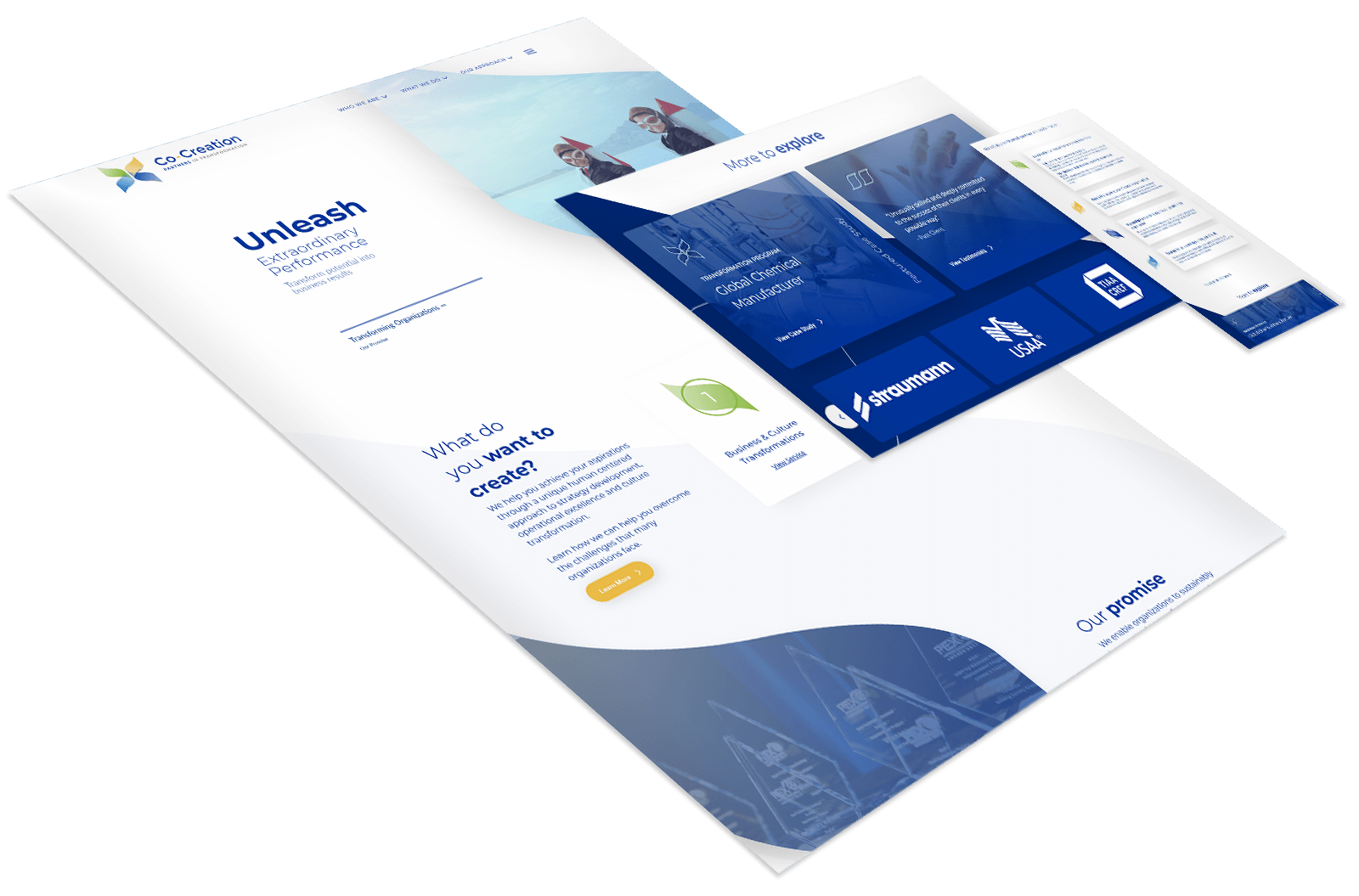 A 3D rendering of a website homepage with a blue and white theme, displaying navigation menus, sections titled "Unleash" and "What do you want to create?", and various icons.