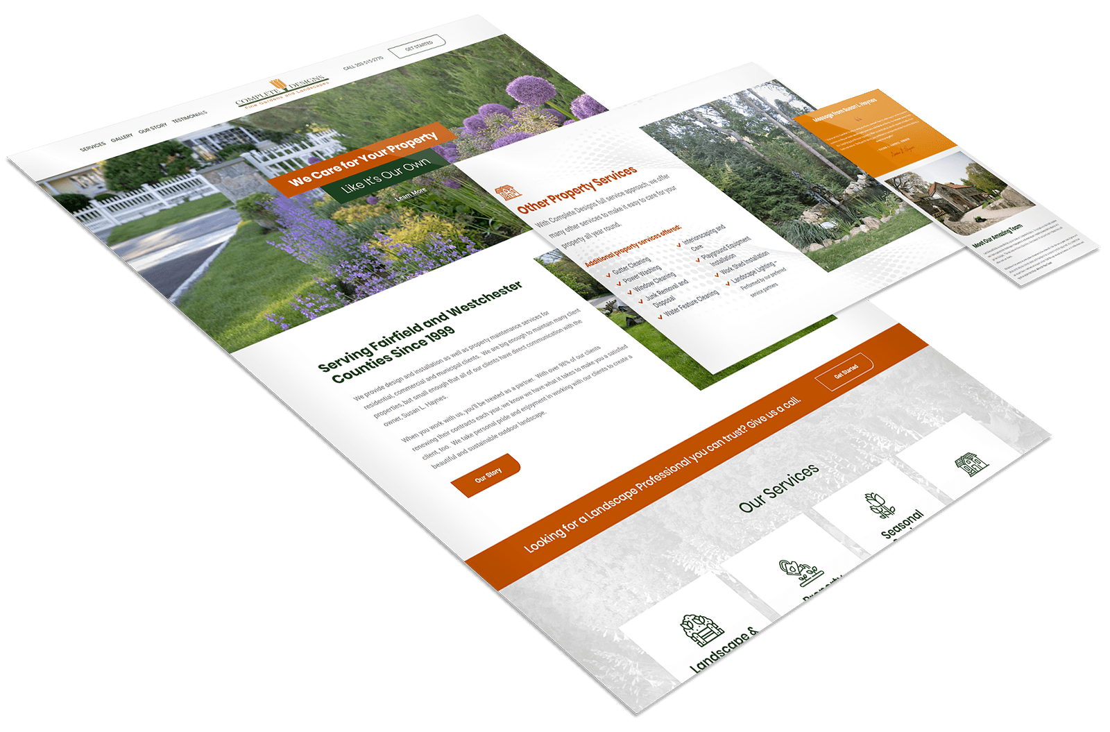 Angled view of a landscaping website homepage and brochure featuring garden images, service descriptions, and orange call-to-action buttons on a white background.