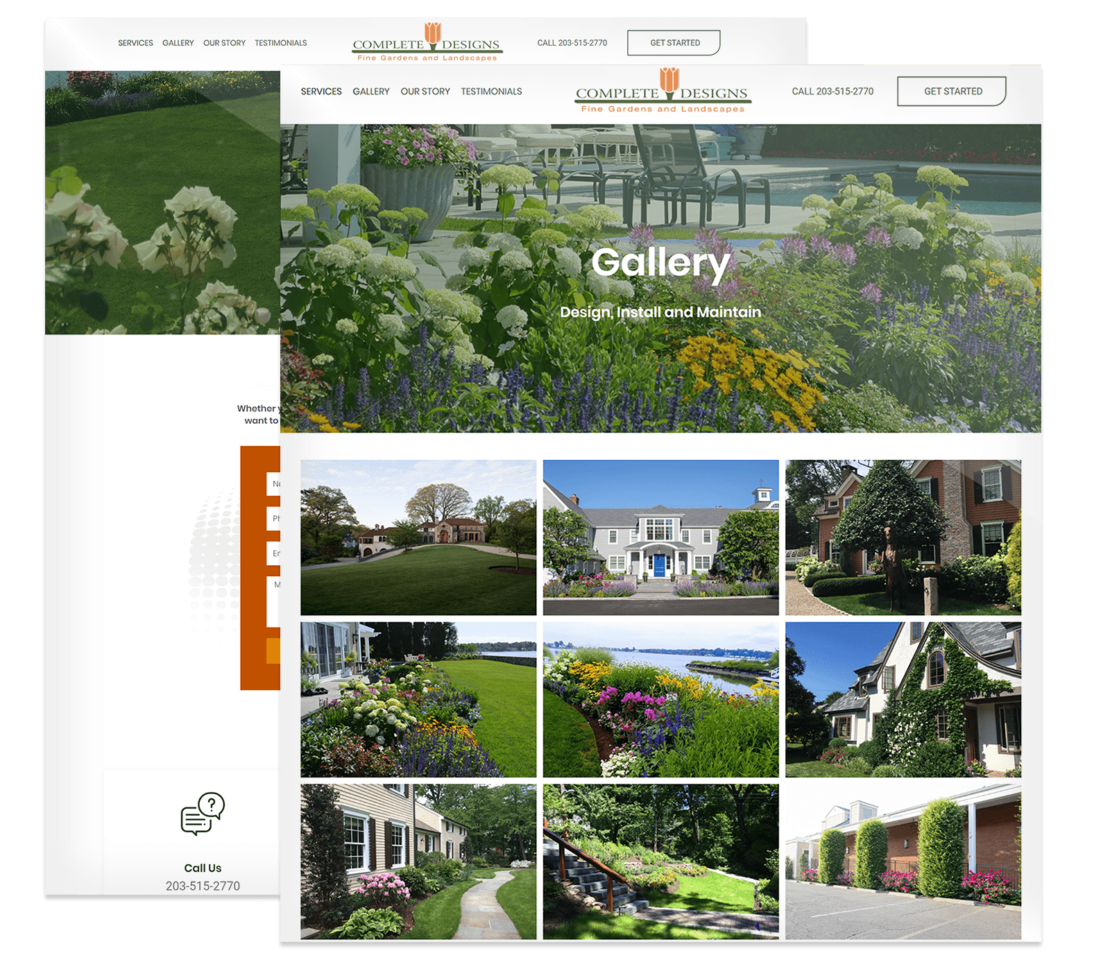 A screenshot of a landscaping company's website gallery page displaying various images of residential gardens, lawns, and exterior plant designs.