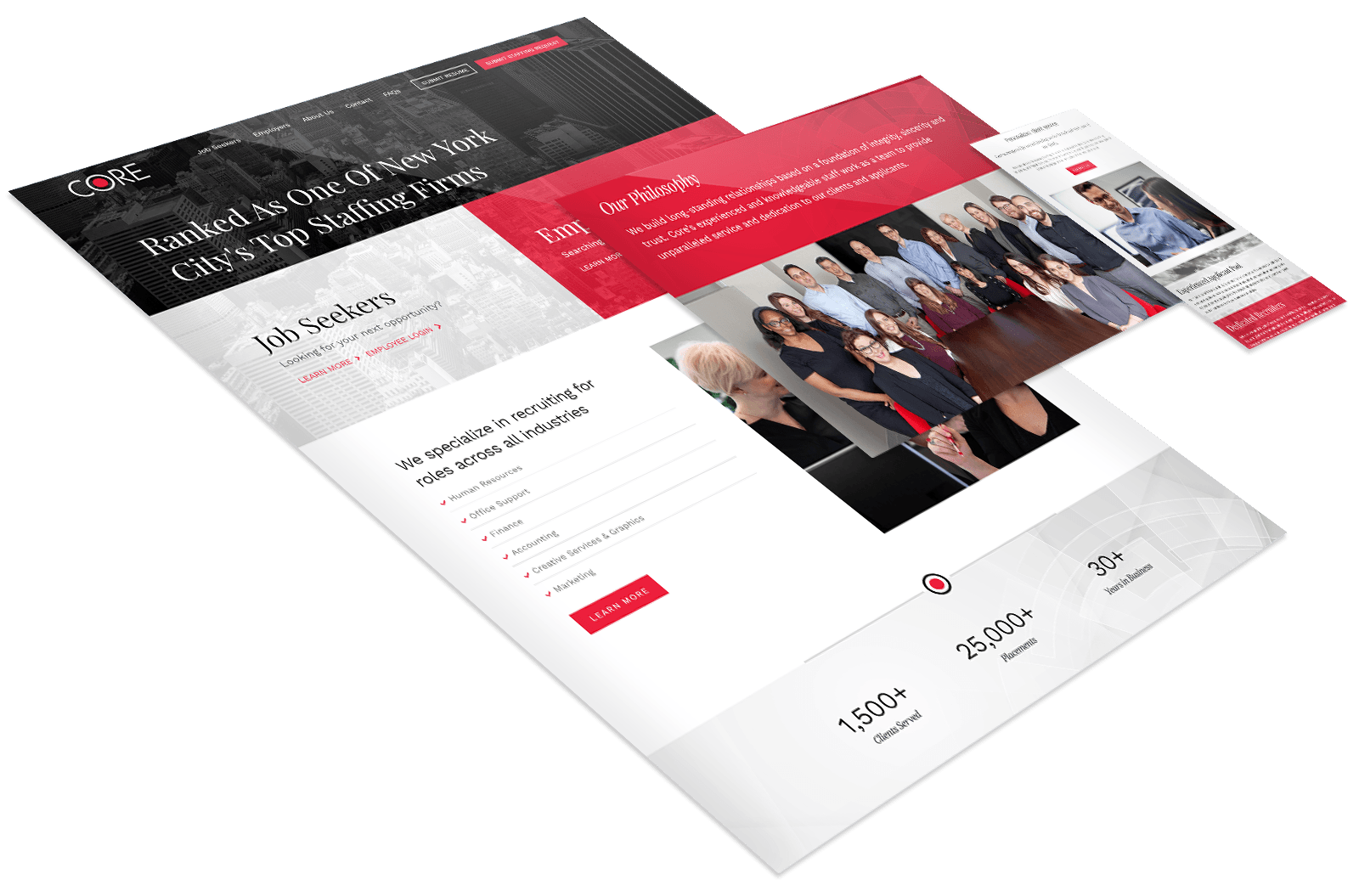 Angled view of a staffing firm's website homepage featuring team photos, job seeker resources, a company philosophy section, and key statistics in a clean, modern layout.