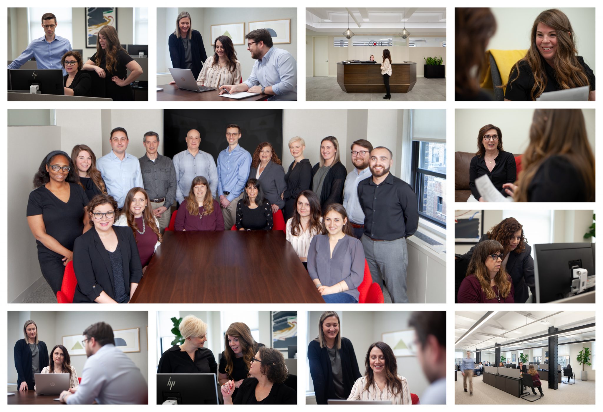 Collage of office scenes showing professionals working, meeting, and collaborating in a modern workspace.