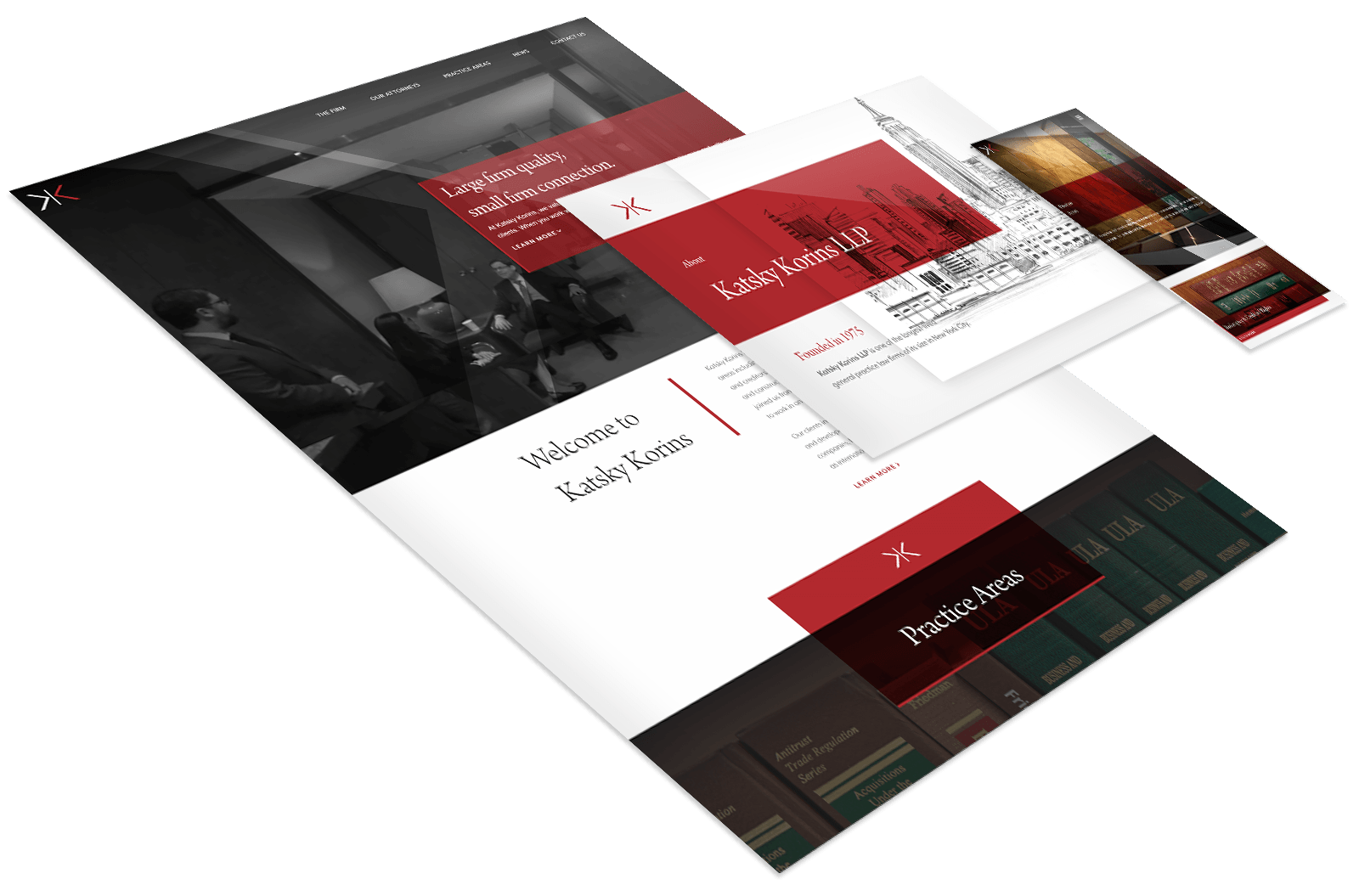 A website mockup for a law firm, featuring red, black, and white accents, with sections for welcome message, practice areas, and images of legal books and professionals.