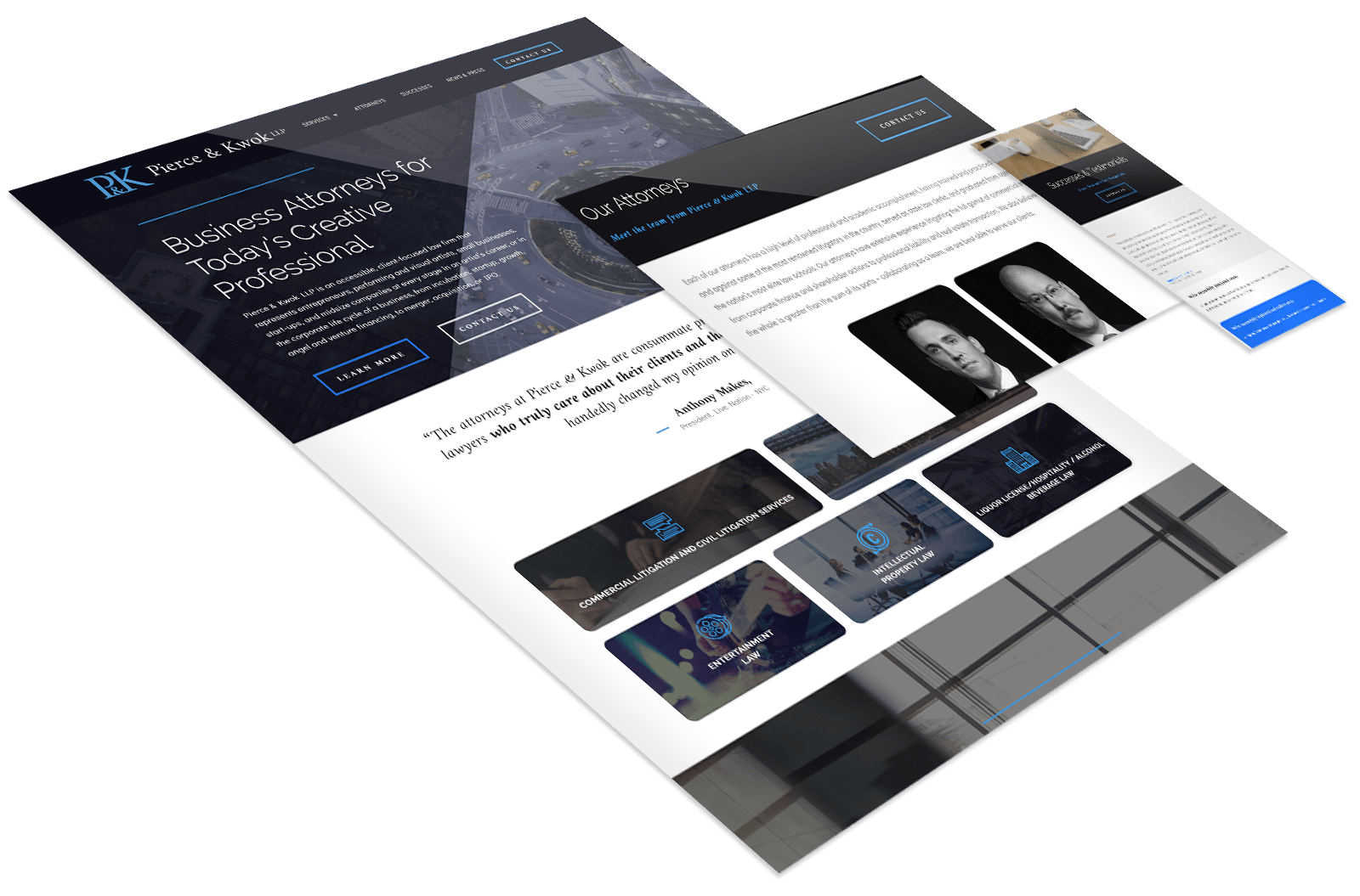 A mockup of a law firm's website design featuring sections for services, attorney profiles, testimonials, and contact information on multiple angled screens.