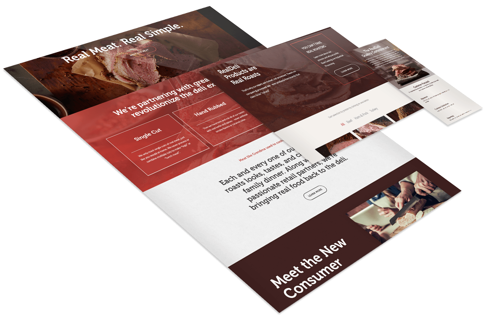 A layered, angled display of a meat-focused website layout featuring sections with images of meat, text headers, and navigation menus on a white background.