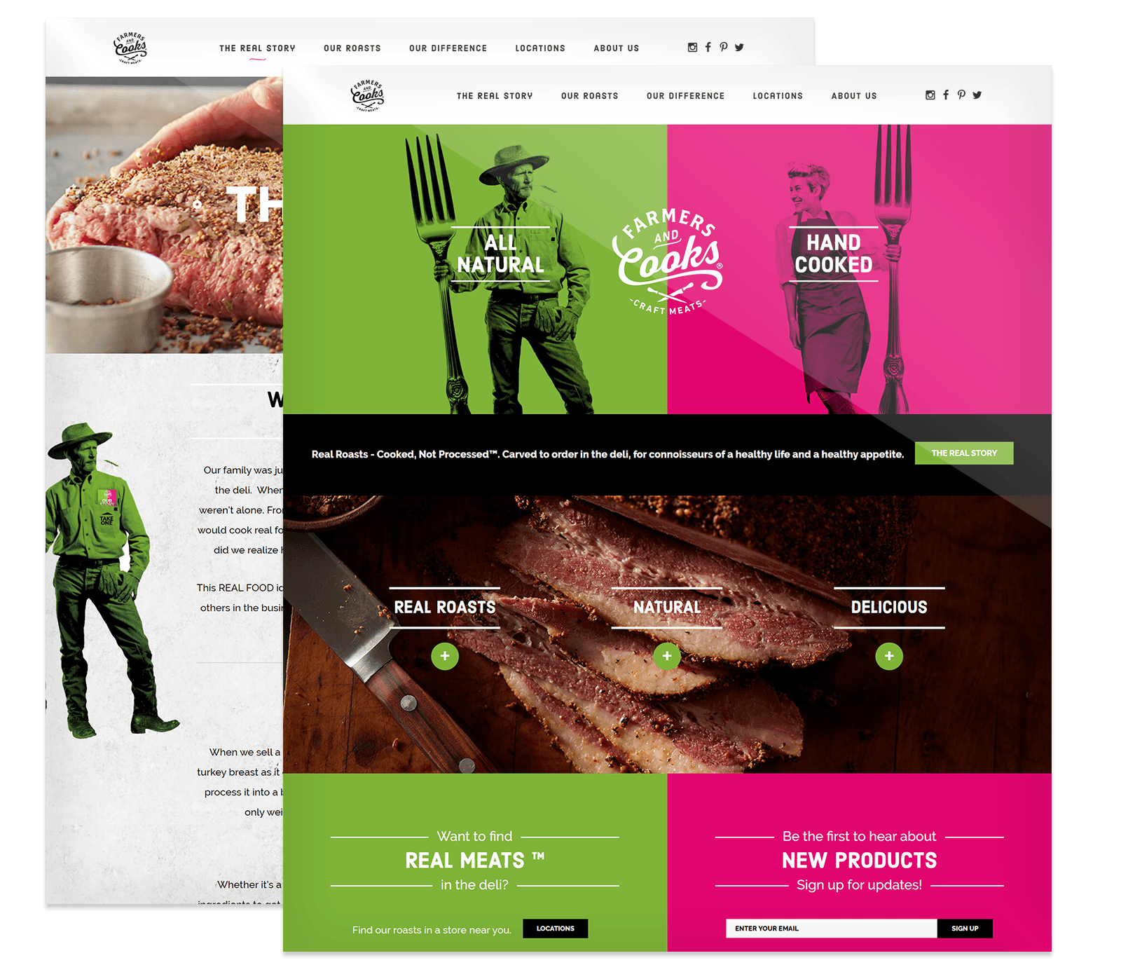 Screenshot of a website promoting Farmers & Cooks deli meats, featuring sections on natural ingredients, hand-cooked process, sliced roast meat, and options to learn more or sign up for updates.